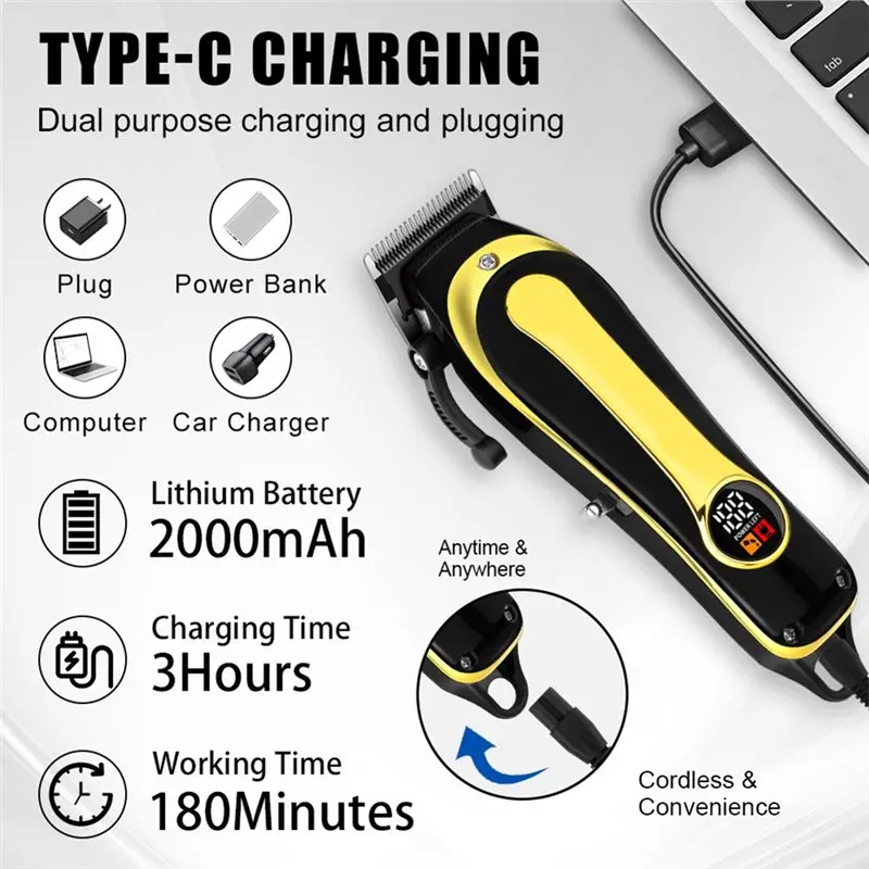 ماكينة قص الشعر الكهربائية اللاسلكية ABWM قابلة لإعادة الشحن للرجال، ماكينة قص الشعر المنزلية الاحترافية باللون الذهبي