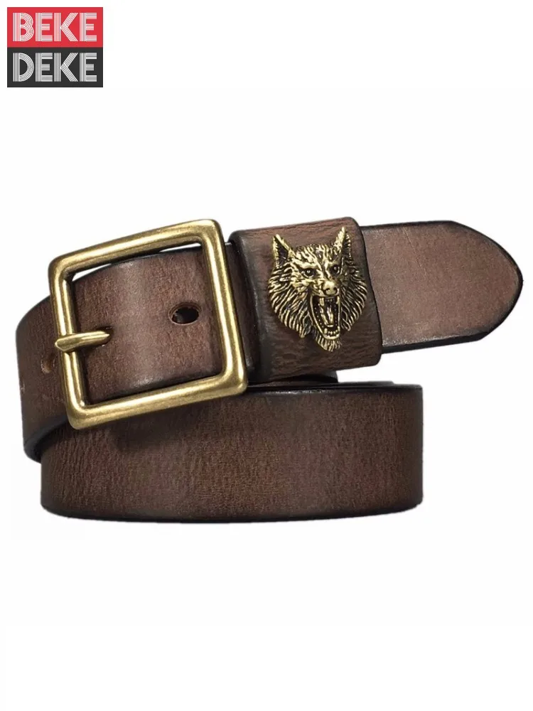 Cowhide Genuine Leather Belt Men Vintage Brass Buckle Wolf Head Casual Strap For Pants Pin Buckle Waistband Belts