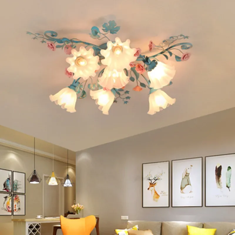 Korean Pastoral Simple Flower and Grass ceiling lamp Restaurant Cafe Bedroom Mediterranean Romantic Colored Rose ceiling lamp