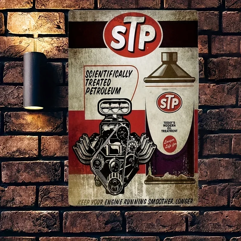 STP Metal Tin Sign - Retro Gas Station Decor, Durable Iron Wall Art for Man Cave, Garage, Auto Repair Shop with Engine & Petrol