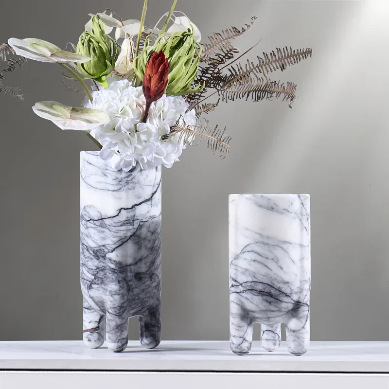 Home soft decoration vase decoration natural marble three legged cylindrical hole stone vase green plant flower ware