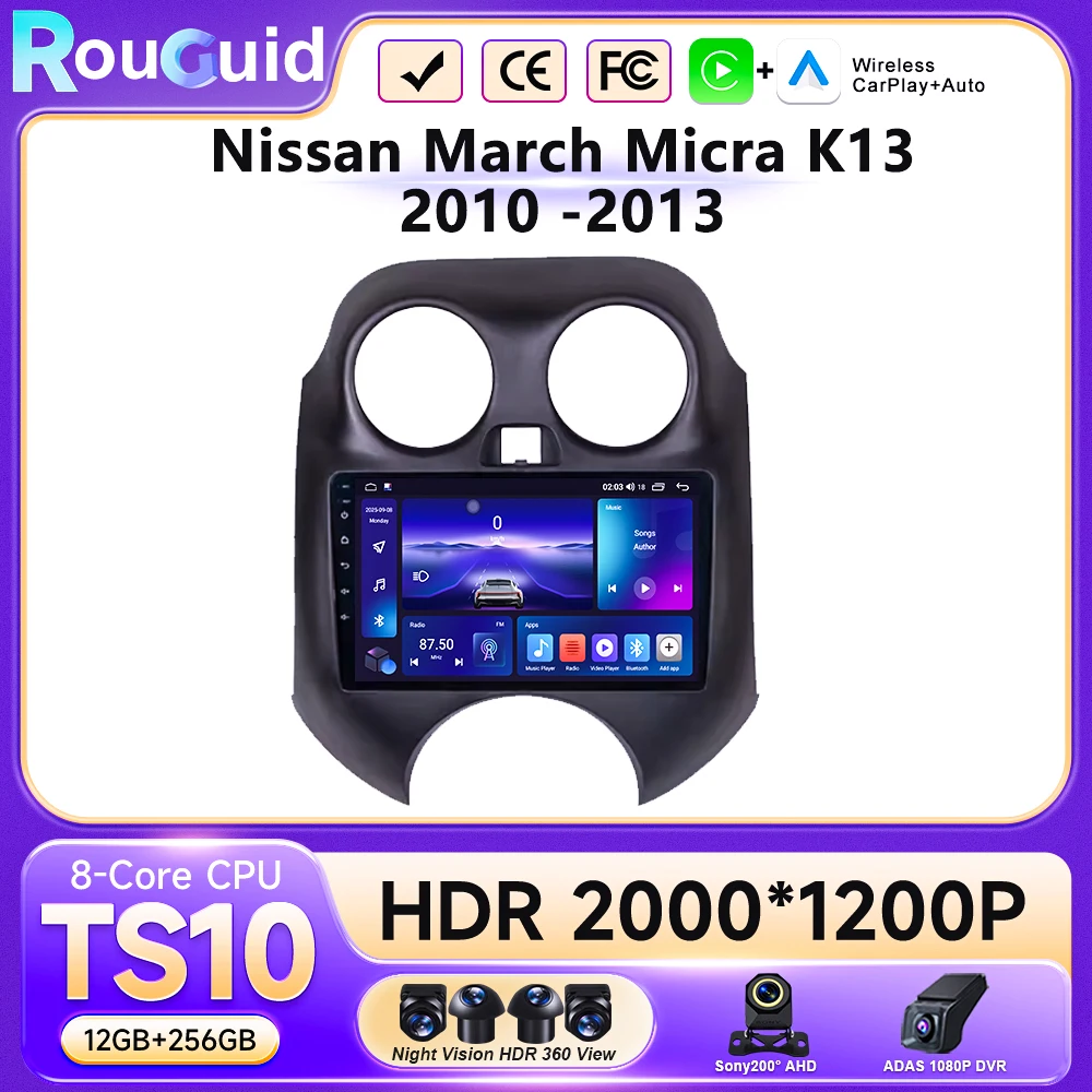 Android 16 Carplay Auto For Nissan March K13 2010-2013 Car Radio Navigation GPS Head Unit BT Multimedia Video Player DSP Stereo