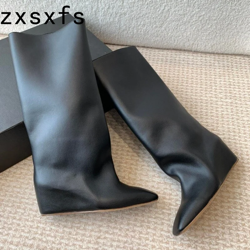 

Hot Real Leather Knee High Boots For Women Hide Wedge Heel Party Shoes Ladies Runway Long Boots Autumn Modern Botas Mujer