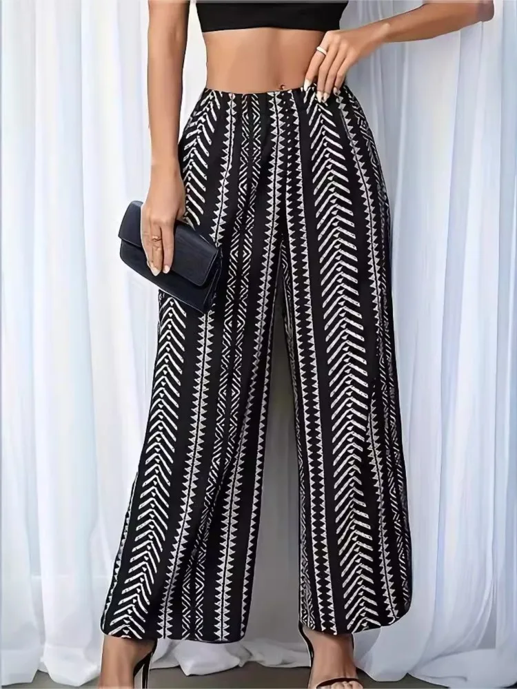 2025 Trendy Pants Autumn Printed High Waist Wide Leg Trousers For Ladies Vintage Style Commuting Pantalones De Mujer Streetwear