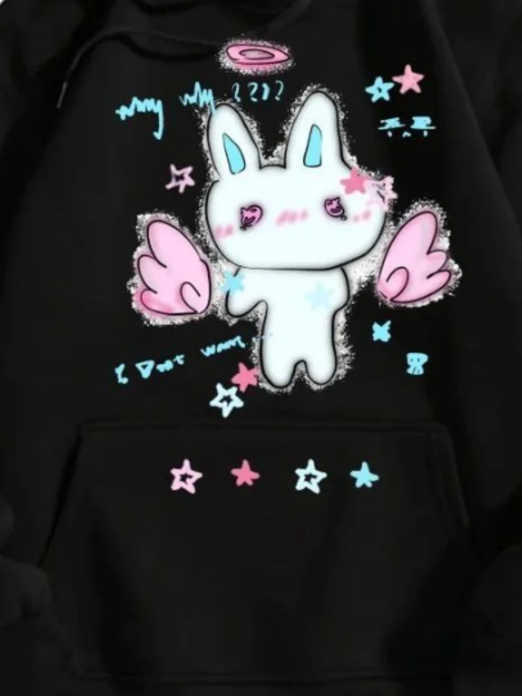 Harajuku Cartoon Print Hoodies Women Y2k Aesthetic Kawaii Loose Black Drawstring Coats Grunge Pocket Streetwear Sweatshirts