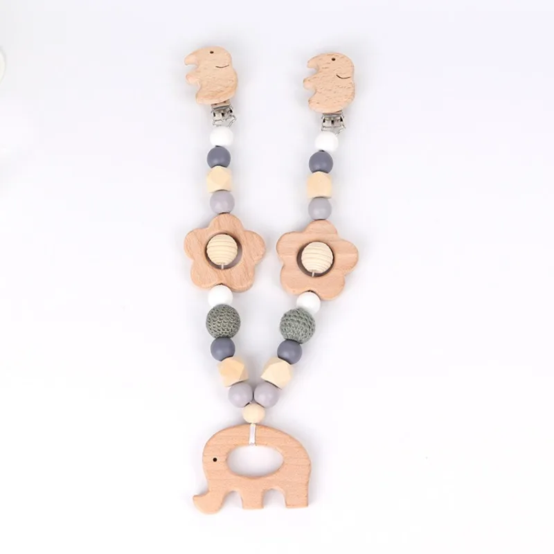 Wooden Teether Baby Play Gym Pacifier Clip Chain Silicone Beads Personalize Dummy Clip Baby Teether Stroller Toys Pram Clip Bell