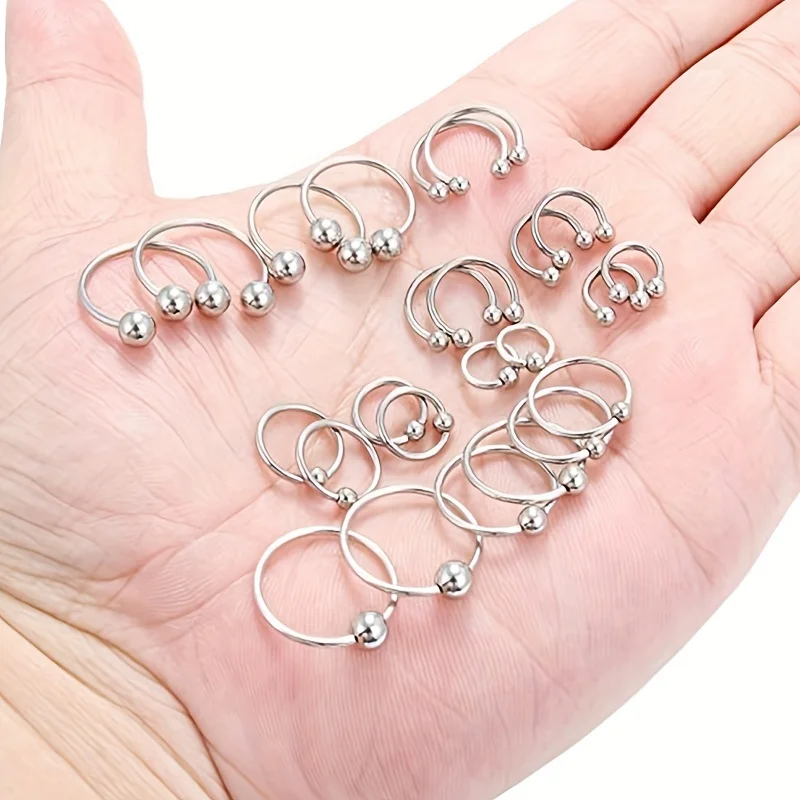 16Pcs Set 6-12mm Men\'s Steel Horseshoe and Captive Bead Nose Hoop Septum Earring Tongue Lip Tragus Piercing Jewelry Rings