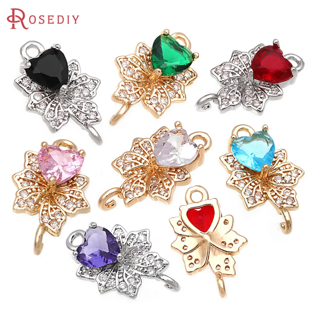 6PCS 18K Gold Color Brass and Zircon 2 Holes Heart Maple Leaf Connect Charms Pendants High Quality Necklace Earrings Diy Jewelry