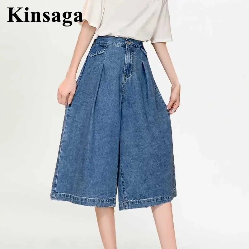 

Women Street Pleated Loose Wide Leg Mid-calf Jeans Mom 4XL Summer Baggy Y2K Boyfriend Capri Elastic Waist Denim Bermuda Breeches