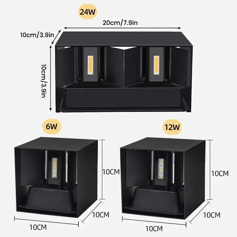 Lámpara de pared LED de aluminio para exteriores, impermeable, IP65, luz de pared Interior, 12W24W, luces de jardín para porche, sala de estar, iluminación de escaleras de calle