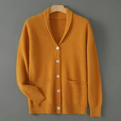 100% Mink Cashmere Autumn/Winter New Green Fruit Collar Cardigan Men's Loose Thick Sweater Coat Knitting Base Plus Size Clothing
