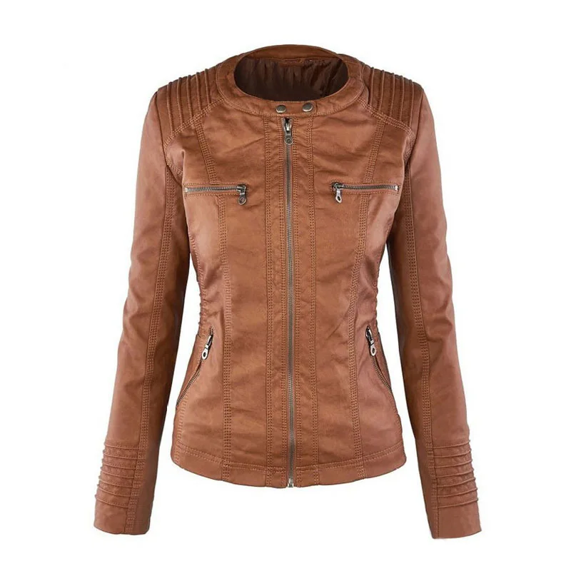 7XL Brown Long Sleeve Ladies Leather Jacket Pu Women Slim Fit Short Winter Jackets Motorcycle Clothing Fashion Water&Wind Proof