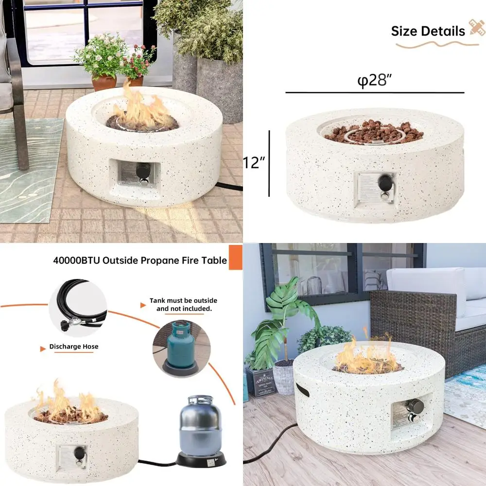 

Outdoor Propane Fire Pit 40,000 BTU 28-inch Round White Terrazzo Concrete Gas Fire Table with Lava Rocks and Weather Resistance