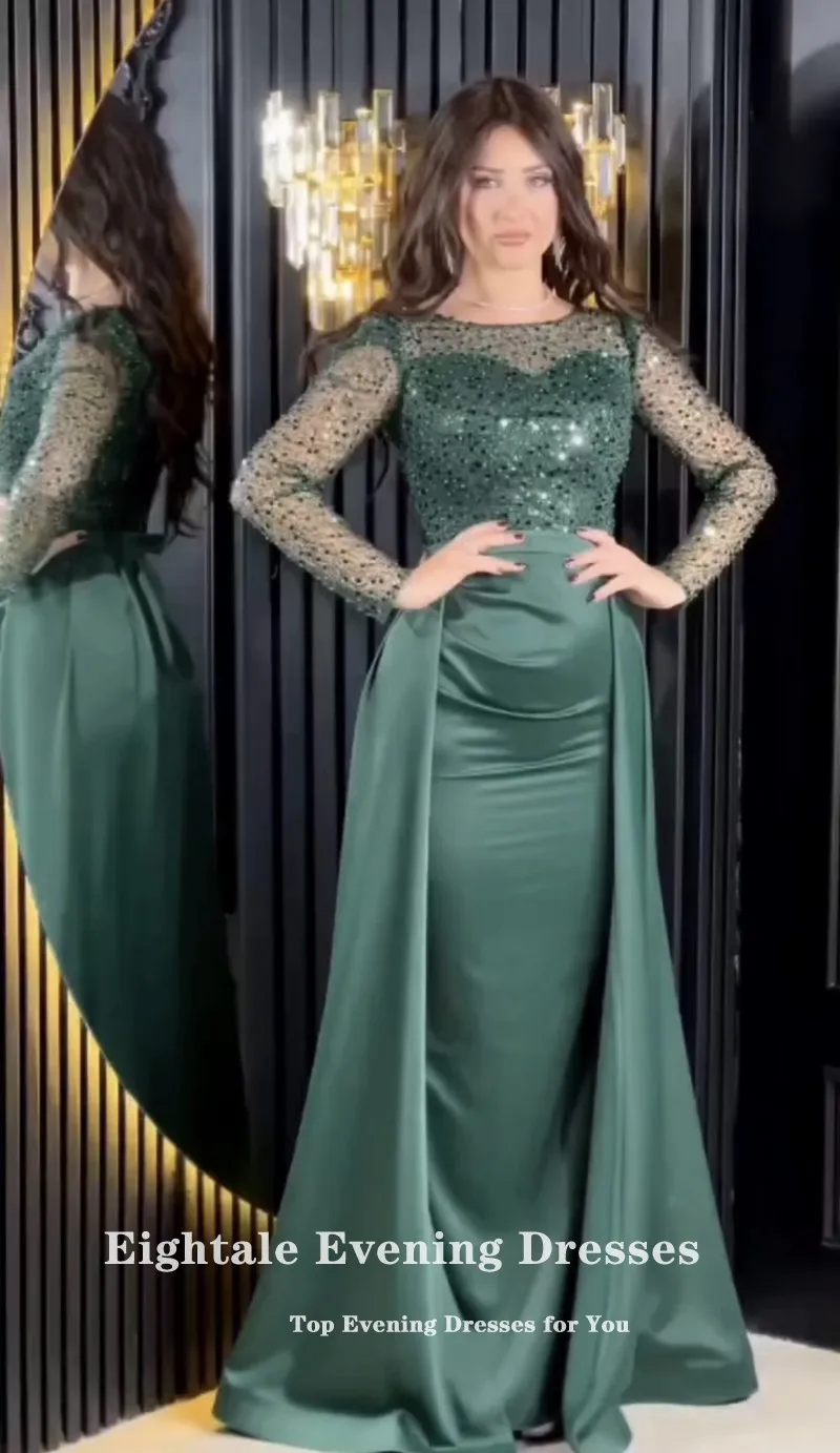 Eightale Evening Dresses with Detachable Skirt Dark Green Long Sleeves Customized Mermaid Party Prom Gown Vestidos De Noche