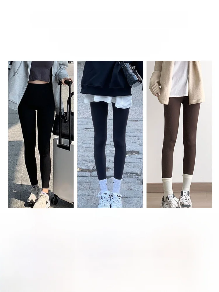 กางเกงโยคะเอวสูงผู้หญิง ทรงรัดรูป ผ้าหนังเทียม เลกกิ้ง ฤดูใบไม้ร่วง ฤดูหนาว อุ่น กระชับสัดส่วน กางเกงซับใน ยืดหยุ่นสูง