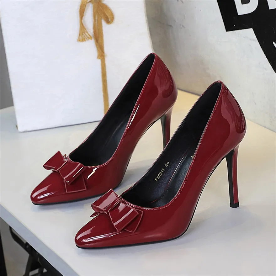

BIGTREE Туфли с бантом Женские туфли-лодочки на высоком каблуке Сексуальная обувь для вечеринок Туфли на шпильке 10 см Женская обувь с острым носком Туфли-лодочки размера плюс 43