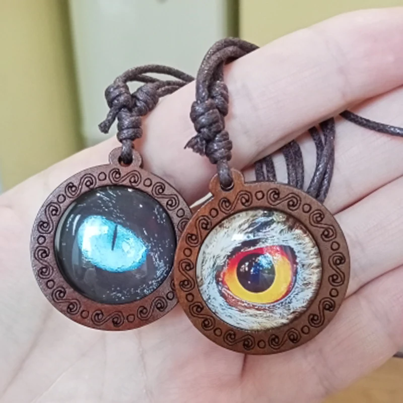 Animal Eyes Dragon Snake Owl Cat Tiger Eyes Glass Cabochon Necklace Handmade Wood Pendant Rope Chain Necklace for Men Women