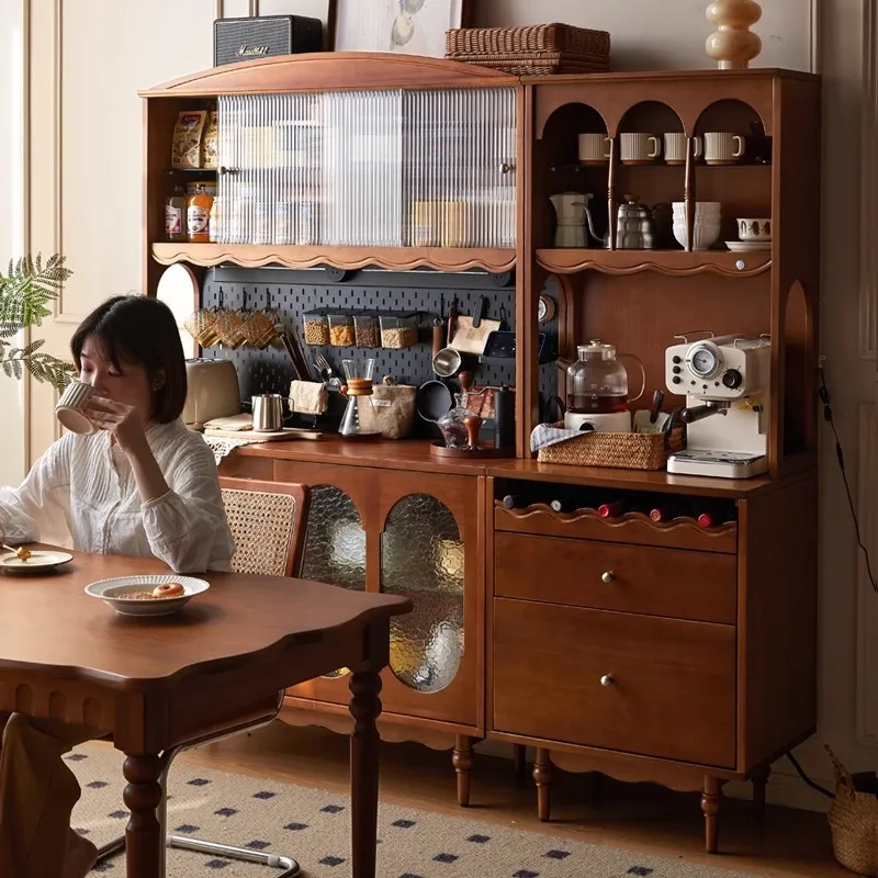 

French solid wood sideboard, household small apartment, wall-wall-integrated storage, high cabinet, kitchen vintage storage