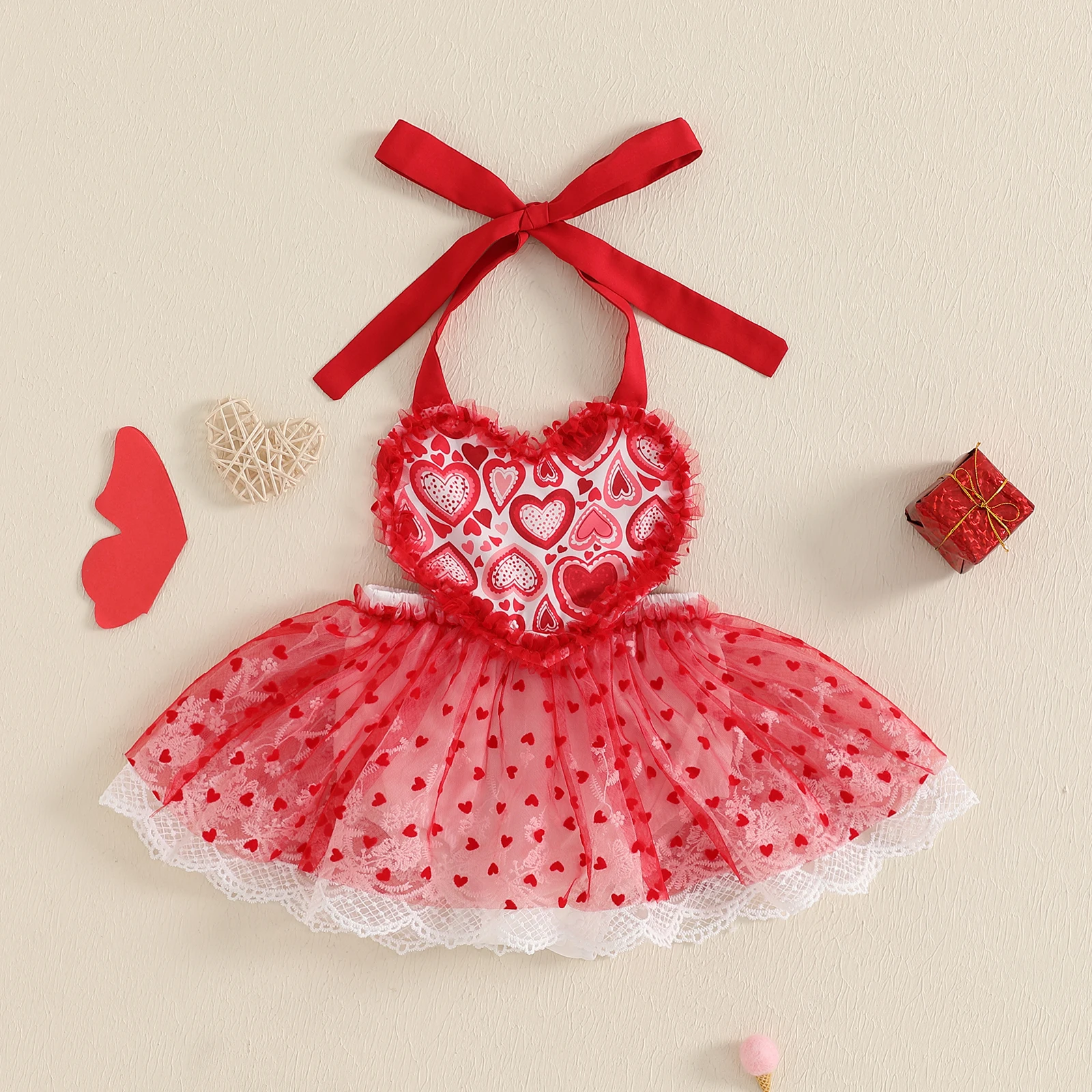 BeQeuewll 공주 민소매 아기 소녀 Romper 드레스 하트 백리스 타이 업 홀터넥 넥 레이스 트림 발렌타인 데이 신생아 점프 슈트