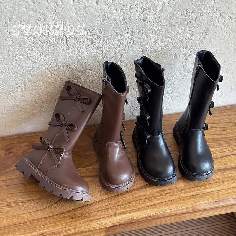 Bowknots Design Leather Knee High Boots Kid Girl Side Zipper Fashion Long Boots Child Thick Sole Round Toe Western Boots