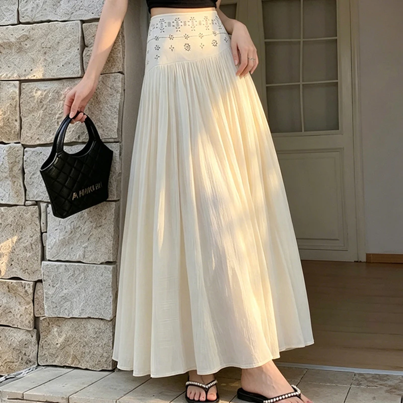 

Женская богемная юбка для отпуска с высокой талией, однотонная плиссированная летняя юбка А-силуэта, пляжная винтажная желтая повседневная юбка в стиле преппи