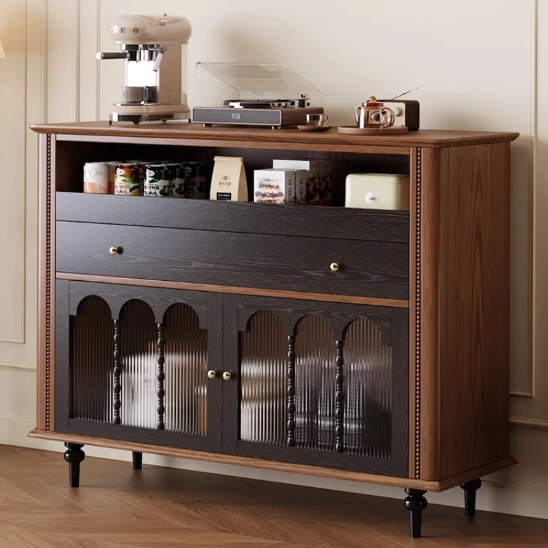 

Solid wood medieval retro style dining side cabinet integrated against the wall household kitchen living room wine