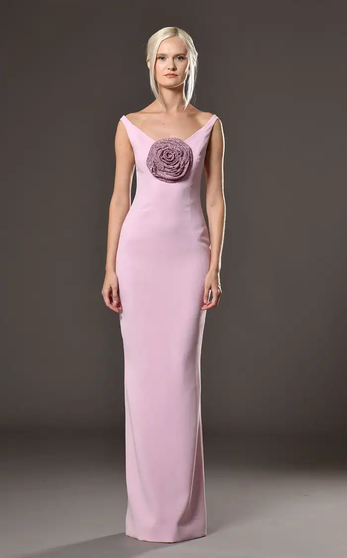 

Customized Modern Style Jersey Handmade Flower Straight Off-the-shoulder Long Dresses Bespoke Occasion Dresses Simple Exquisite