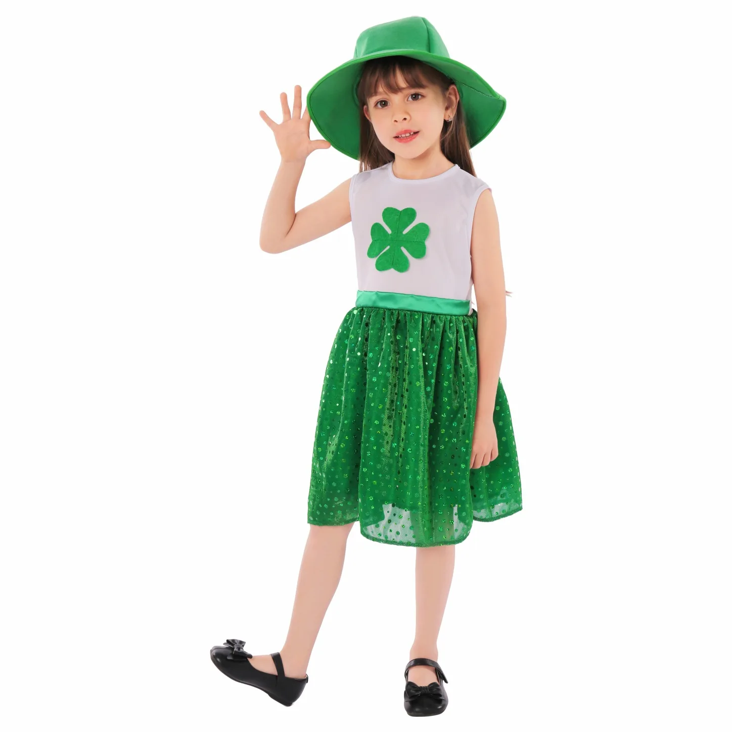 

Children Dress Irish Festival Holiday Party Clothing Set Cosplay Costume Green Lucky Grass Printing Stage Performance Clothes