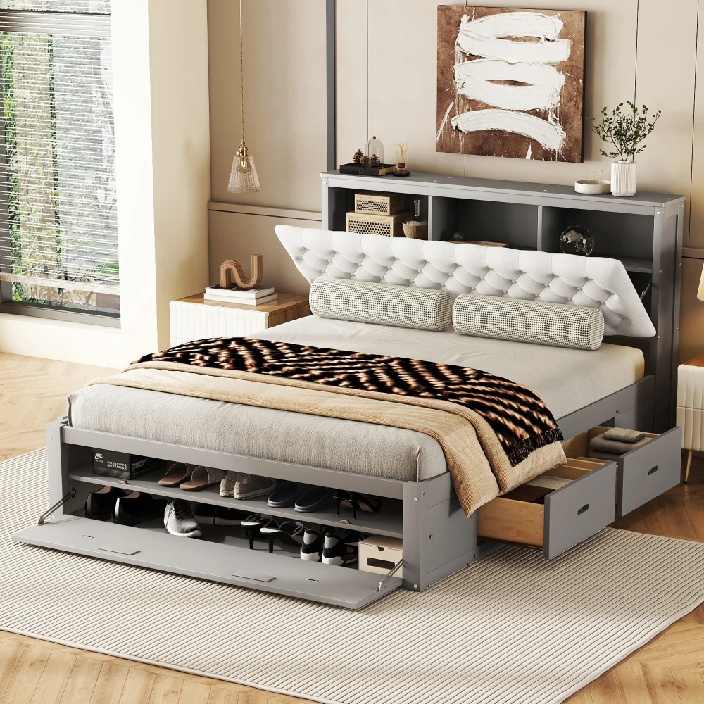 

Wood Queen Size Platform Bed with Storage Headboard, shoe rack and 4 drawers,Gray