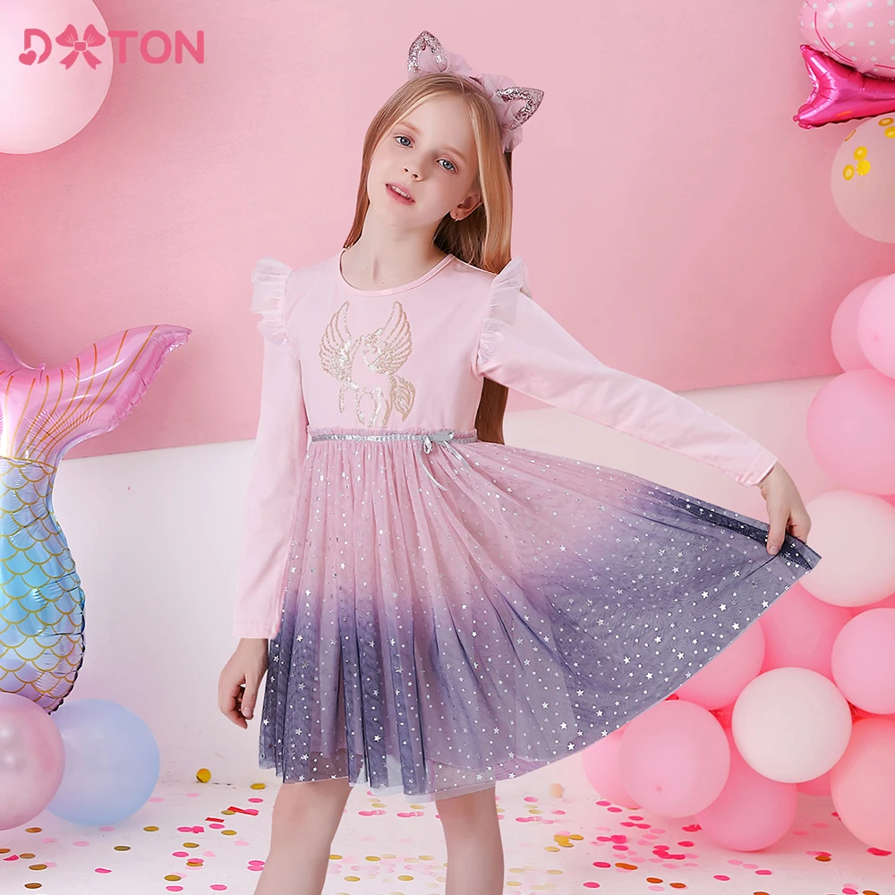 DXTON Girls Sequined Dresses Children Cartoon Print Dress Long Sleeve Birthday Party Dress Toddlers Girls Tulle Princess Dresses