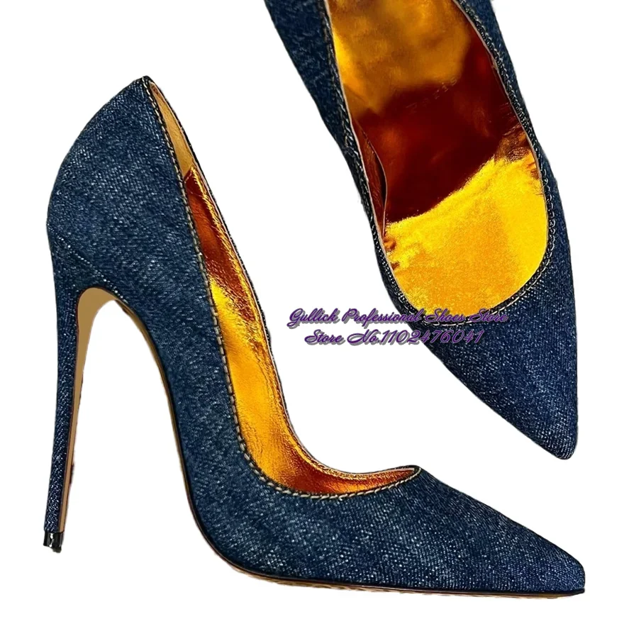 ALMUDENA Blue Denim Golden Lining Fabric High Heel Shoes 12cm 10cm 8cm Stilettos Pointed Toe Wedding Pumps Jeans Shallow Shoes