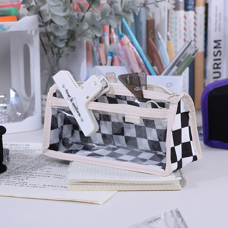 Checkerboard Kawaii Pencil Case Bags Transparent Large Capacity Pen Pouch Korean Stationery School Office Supplies for Student