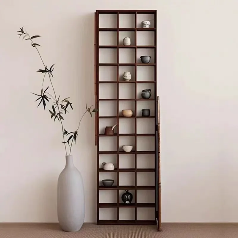 Quiet wind living room solid wood wall-mounted bookshelf floor-to-ceiling reading old elm multi-layer antique vase display shelf