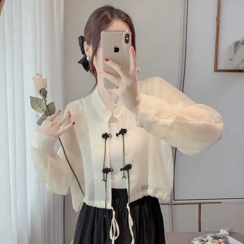 

Ele Summer New Chinese Sle Women's Sun Protection irt Chiffon Button up Vintage Faion Anti-Aging Outerwear Top