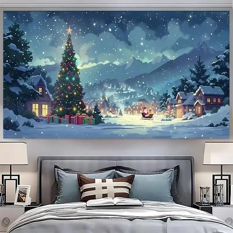 VIKAMA Wall Tapestry Christmas Snowy Mountain Village Tree Santa Sleigh Winter Holiday Wall Hanging Home Decor Living Room Soft