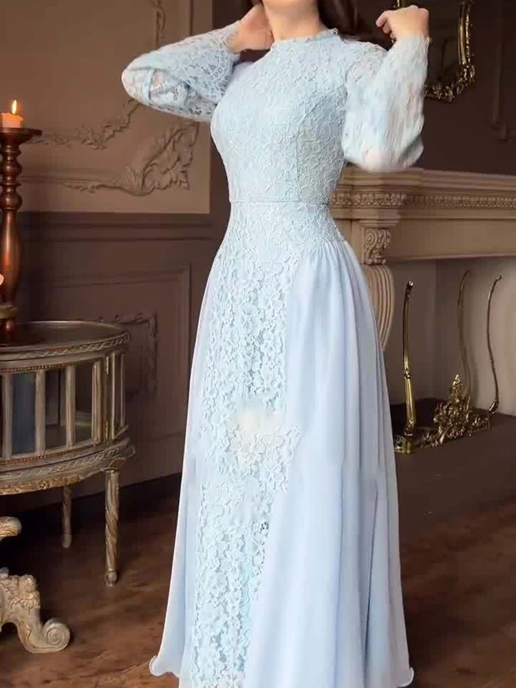 أنيقة س الرقبة عالية الخصر مطوي فستان حفلة موسيقية عادية الخريف المرأة فستان ماكسي الأزرق الدانتيل المرقعة بأكمام طويلة سوينغ فستان الحفلات