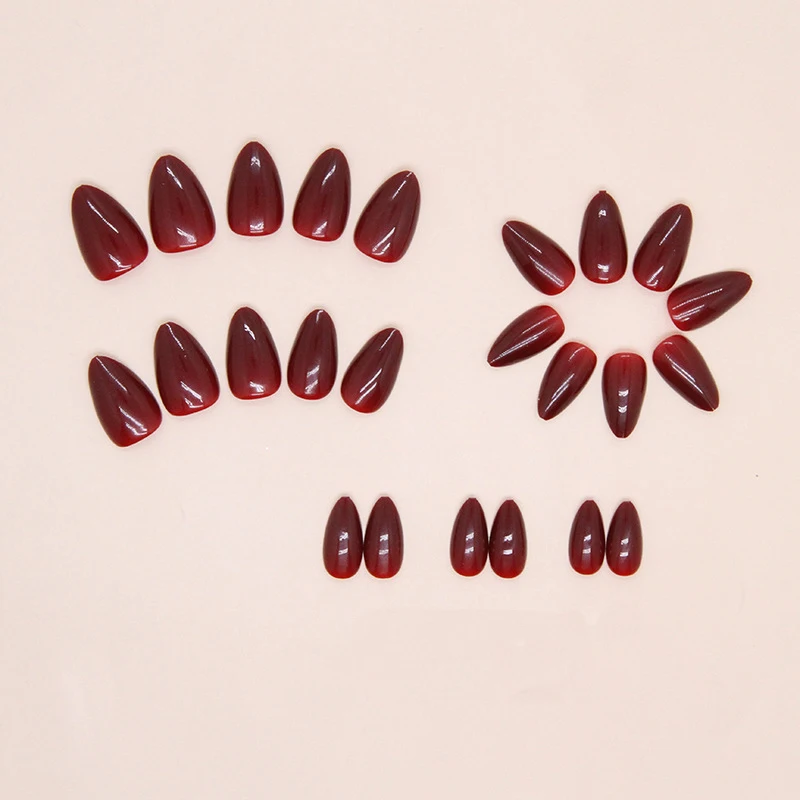 Simples Vinho Vermelho Unhas Falsas, Amêndoa de comprimento médio, Pressione Nails Art, Cabeça Redonda Wearable, Cobertura Completa Dicas de Unhas Falsas, 24Pcs Set