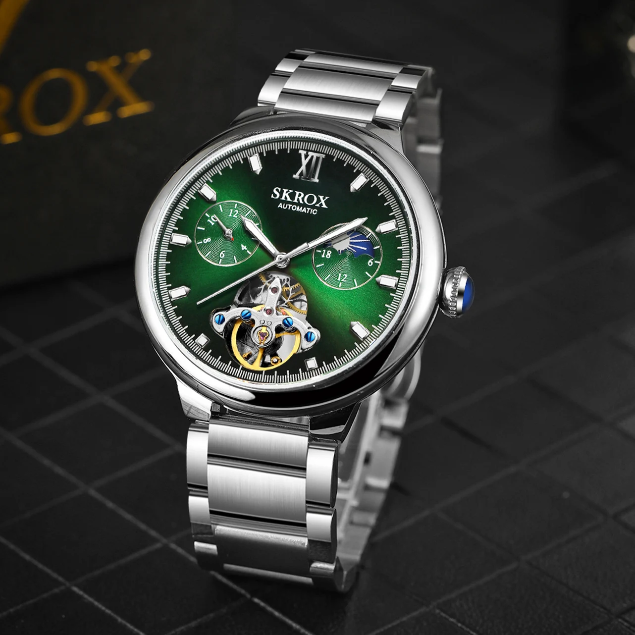 SKROX movimiento automático GMT fase lunar Tourbillon de acero inoxidable esqueleto impermeable mecánico superior relojes de pulsera de lujo para