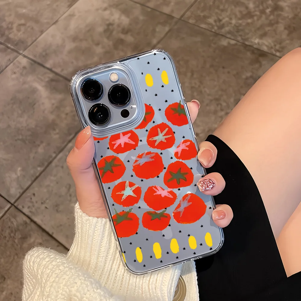 Cartoon Tomatoes Cute For IPhone 16 15 14 13 12 11 Pro Max Plus Transparent Magnetic Suction Phone Case