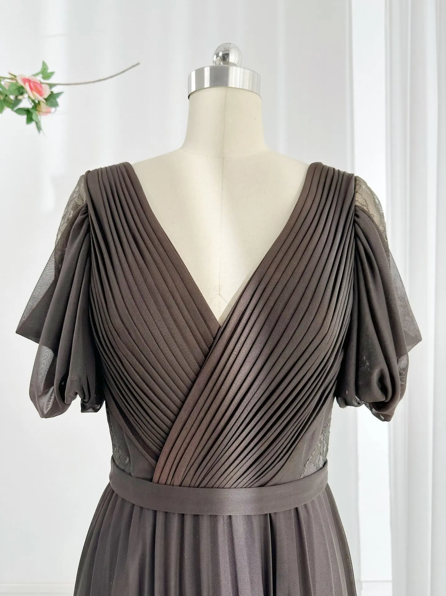 Deep Khaki Sexy Deep V-Neck Waist Pleats Fit Body Dinner Party Gown M2281