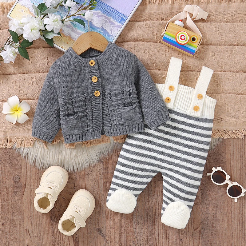 Newborn Baby Clothes Sets Knit Toddler Sweater Long Sleeve+Jumpsuit Sleeveless 2pcs Infant Boy Girl Cardigan+Romper Striped 0-9M