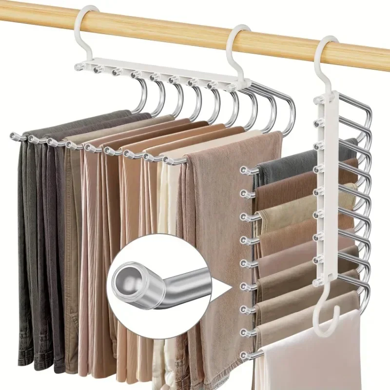 Perchero para pantalones de acero inoxidable antideslizante de 9 niveles – Ahorra espacio, multicapa para organizar vaqueros, leggings y faldas en el armario