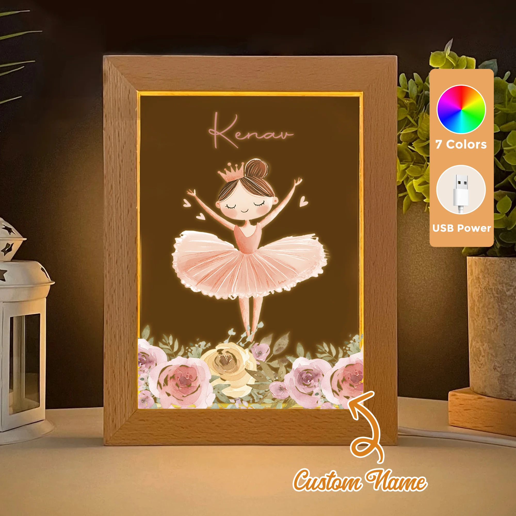 

2D Flat Custom Name Ballet Girl LED Acrylic Night Light Wood Photo Frame 21x17cm Cartoon Children Bedroom Gifts Home Decor