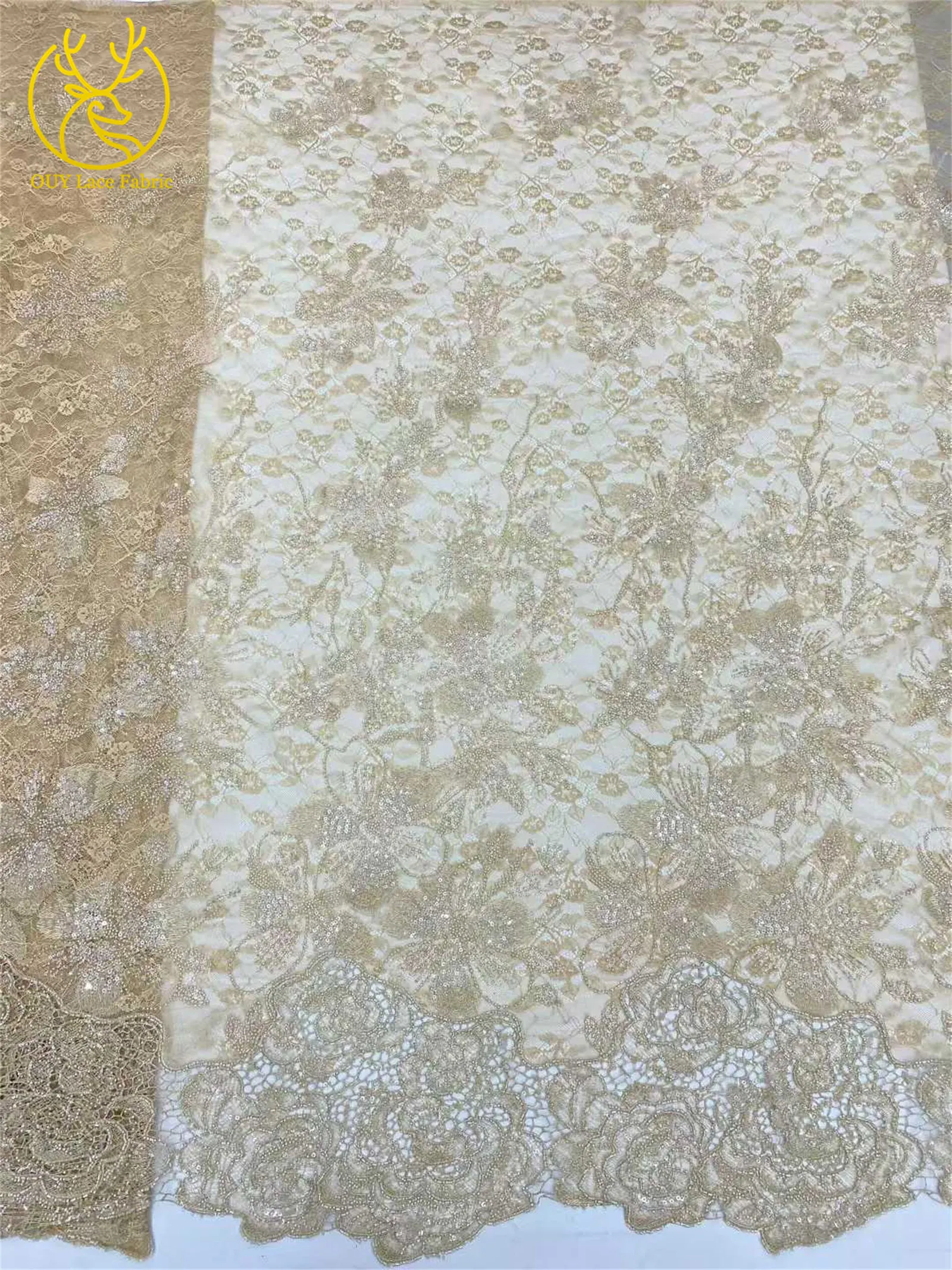 Afrikanischer nigerianischer Brautkleidstoff mit Perlen und Spitze 2026 – Hochwertige Pailletten-Stickerei auf französischem Tüllnetz für Hochzeitskleider zum Nähen, 5Y – Detail 5