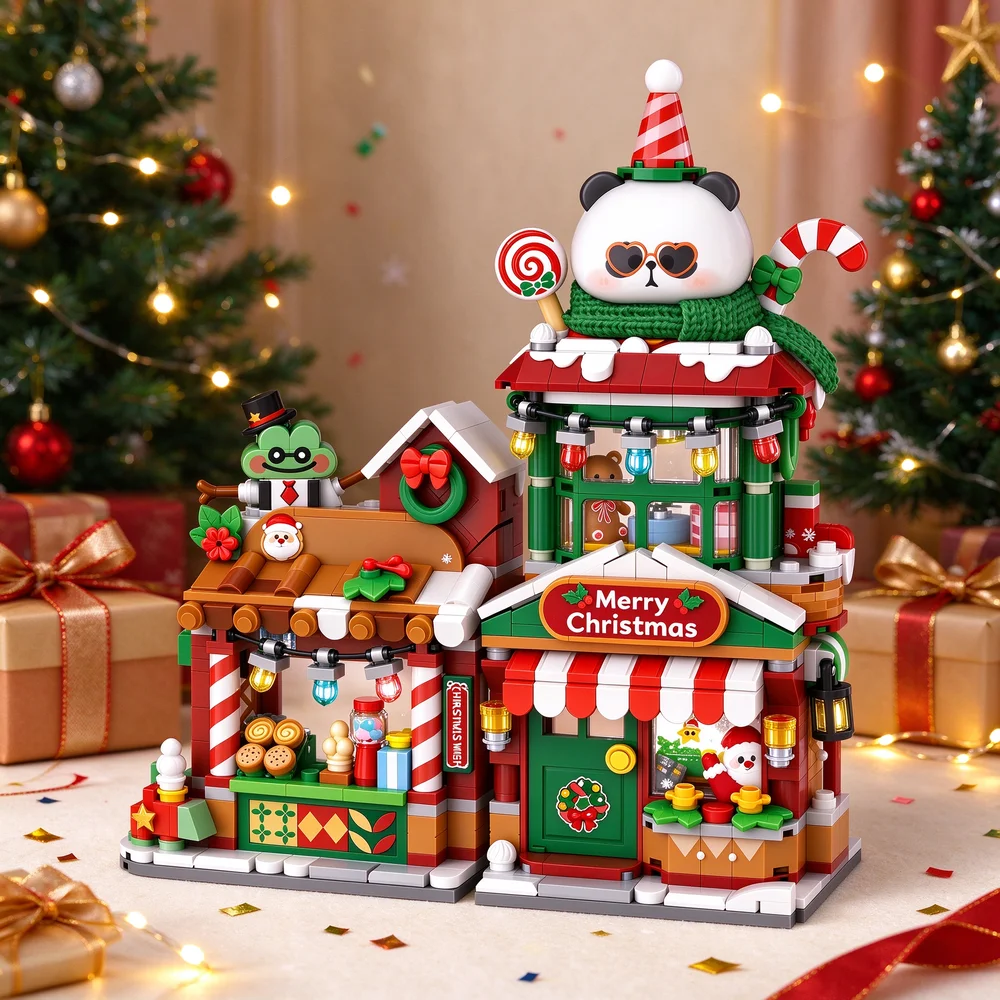 Christmas Folding Street View 3D Puzzle Building Blocks, Open & Closed Dual Form, Stress Relief DIY Assembly Toy Christmas Gift