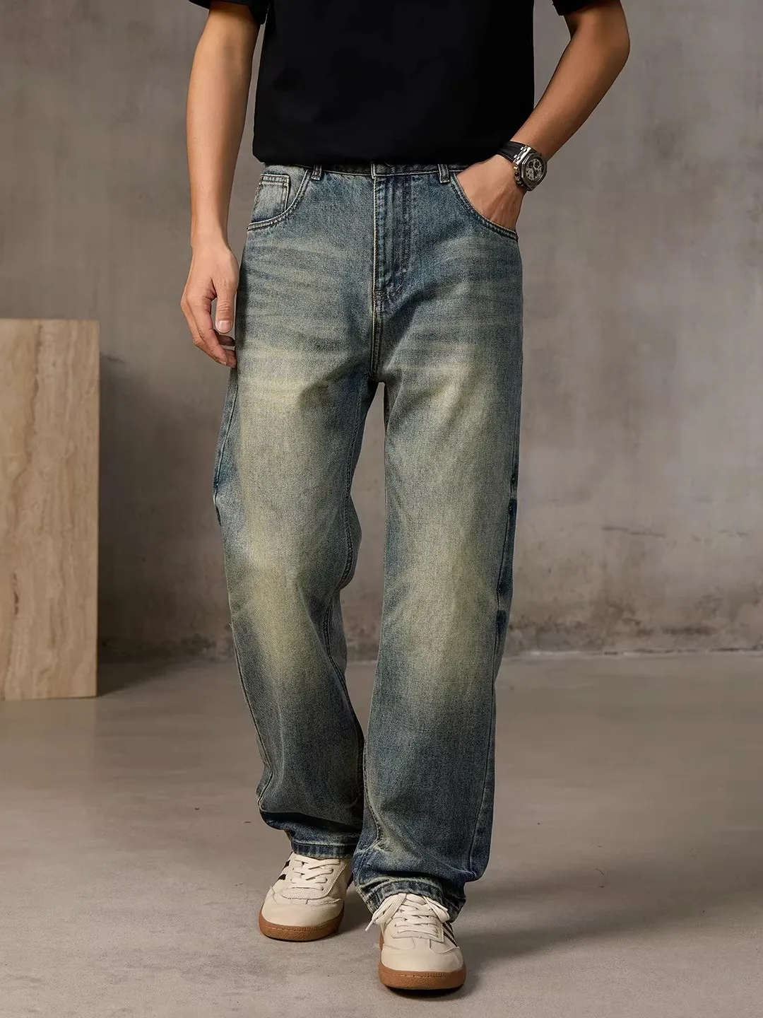 

Retro American Denim Jeans Men's Spring Autumn High Street Loose Waed Straight Leg Casual Long Trousers Versatile for Men