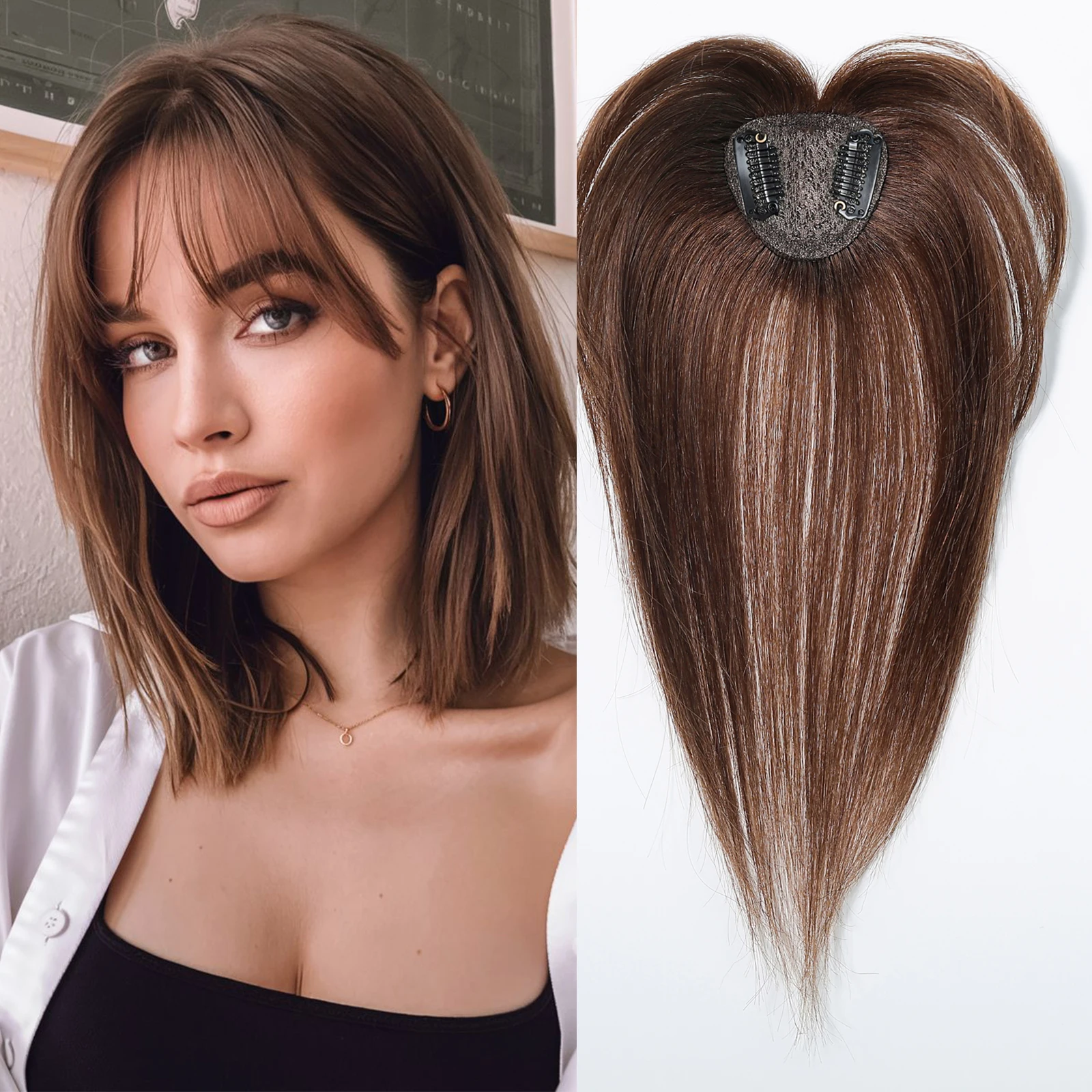 Chocolate Brown Female Hair Topper 10In Real Hair Pieces With Bangs Topper for Women Brown Hair Extensions Human Hair Bangs