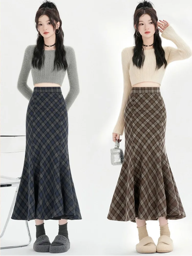 الخريف الشتاء Thiened حك الأزرق ey منقوشة العائمة ألف خط فاي الذيل تنورة المرأة الجديدة Sle ضئيلة الصوفية f طول تنورة