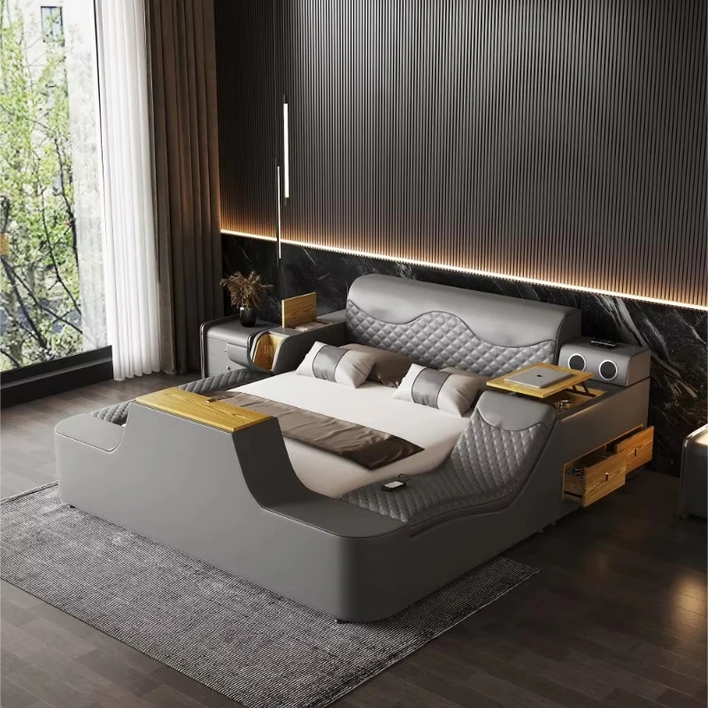 Bedroom Smart TV Bed With Small Refrigerator Cupholder Massage Chair Drawers