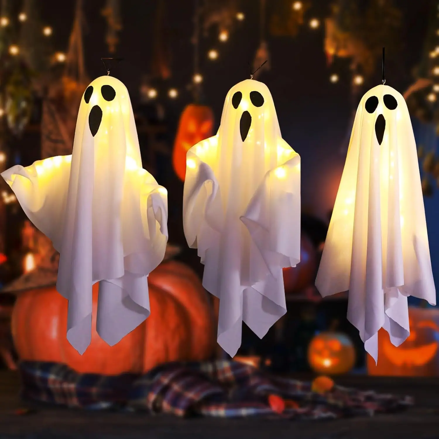 3Packs Halloween Light Up Hanging Ghost Halloween Ghost Decorations with LED Light Spooky Ghost Ornaments for Home Tree Garden Yard Party Décor and Holiday Decorations(White)